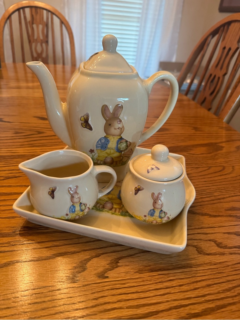 6 piece Bunny & Butterfly ceramic cream Tea Set with tray- large